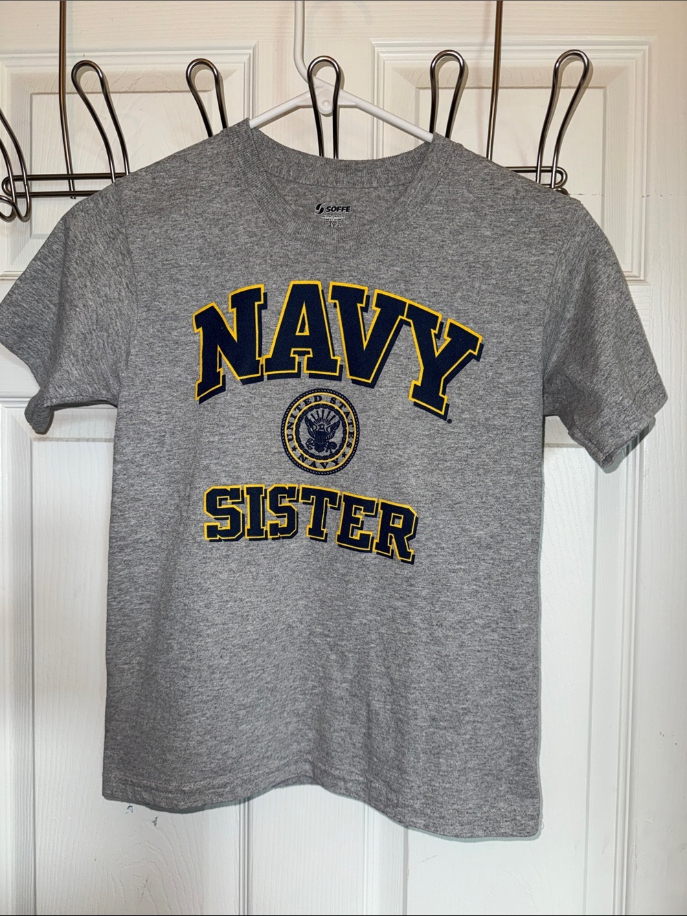 Soffe Gray 'Navy Sister' Graphic Tee Size L with Navy & Gold Letters